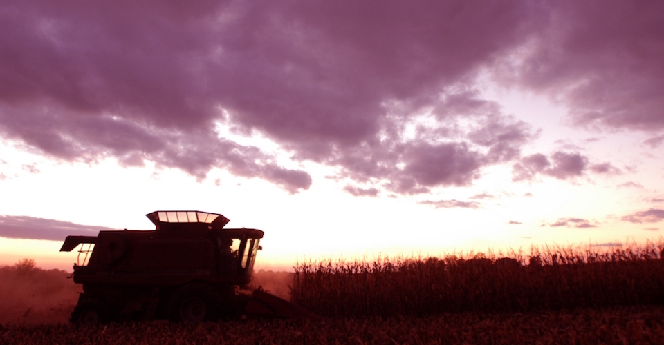 Combine in the field at sunset.